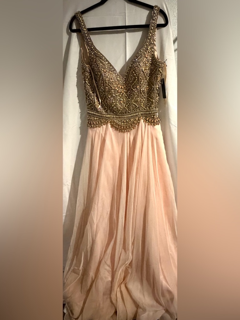 Mac Duggal Gold Beaded Bodice Blush Chiffon Wedding Gown NWT never worn